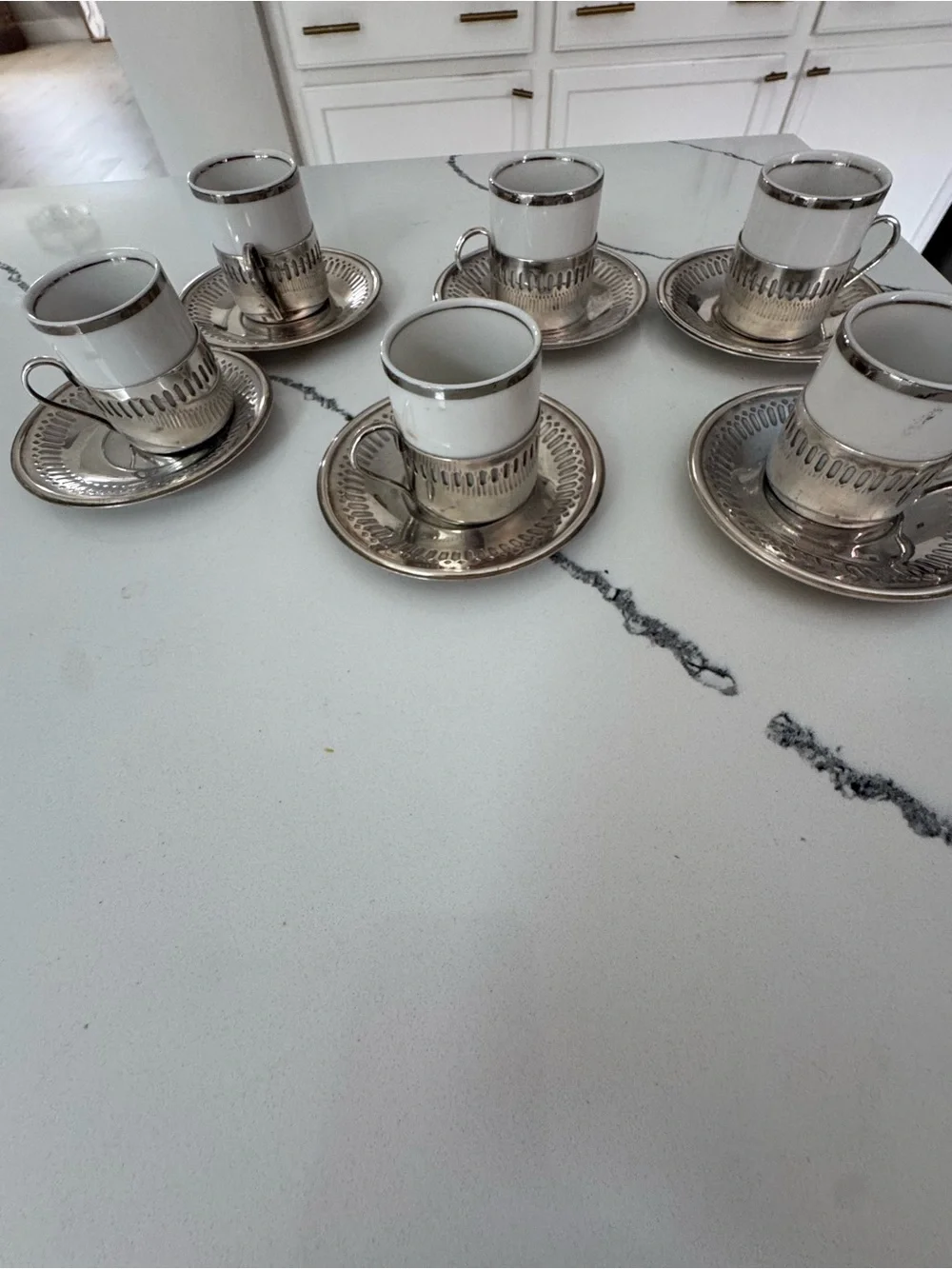 Silver Tone Porcelain Espresso Cup & Saucer Set - 6 Pieces
